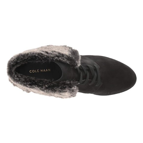 COLE HAAN Wedge Heel Lace Up Ankle Winter Boots with Faux Fur Cuff - Picture 5 of 11